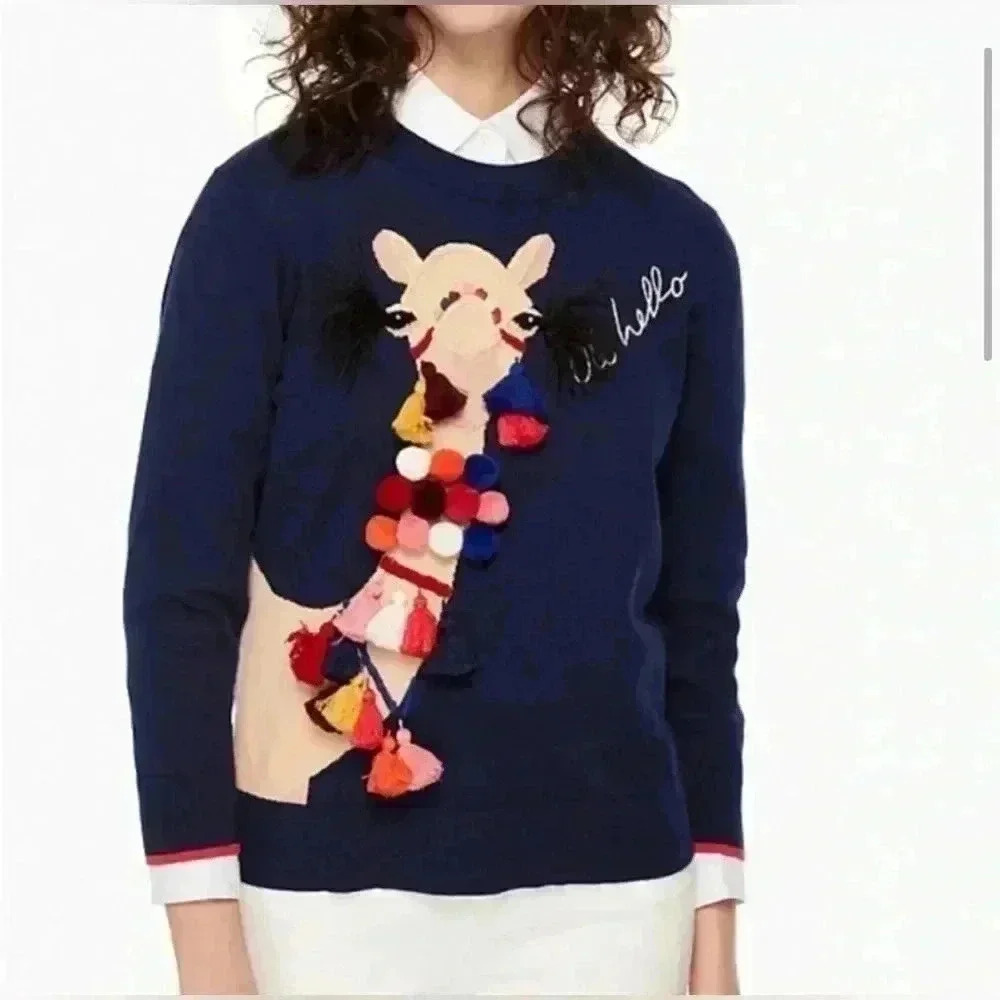 Kate Spade OH Hello Camel Sweater Cashmere Cotton M Embellished Pom Pom Crewneck